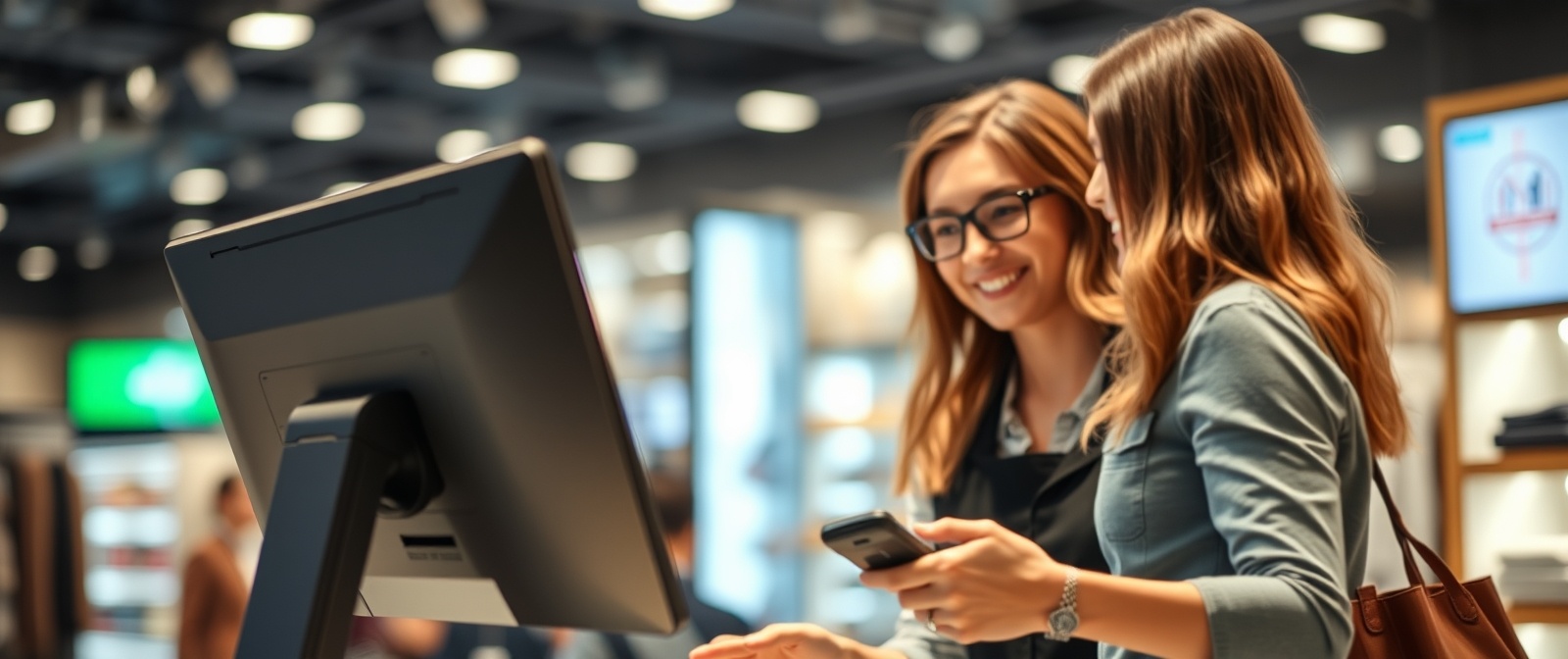 High-resolution image, blurred bokeh. Modern retail space, focus on a positive customer-employee interaction during a personal shopping experience. Sleek POS system and barcode scanner details visible.  C